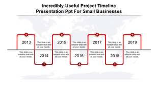 Project timeline with red curved paths marking years 2013-2019, each linked to icons and placeholder text areas.