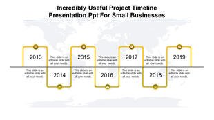 Project timeline PowerPoint slide with years 2013 to 2019, each marked with yellow colored icons with placeholder text.