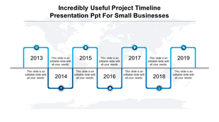 Blue project timeline infographic with seven rectangular milestones, connected by a horizontal line and business icons.