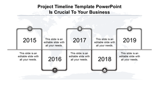 Gray bordered timeline from 2015 to 2019 with steps, circular markers, and placeholders above and below a central line.