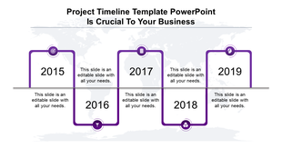 PowerPoint timeline template with years 2015 to 2019, featuring purple circular icons for each year with labels.