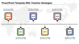 Timeline PPT slide showing years from 2014 to 2019, each with boxes in different colors and a dotted connecting line.