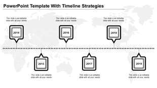 Timeline PPT slide showing years from 2014 to 2019, each with grey color boxes and a dotted connecting line.