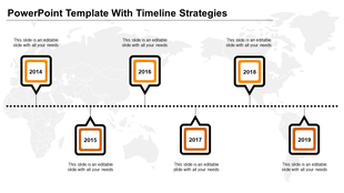 Business timeline featuring alternating square milestones from 2014-2019, all bordered in orange placed in white background.