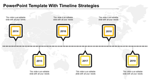 Business timeline featuring alternating square milestones from 2014-2019, all bordered in black and yellow.