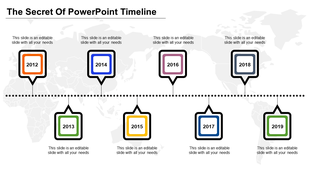 Timeline slide with eight colorful square markers for 2012 to 2019, linked by a dotted line on a world map background.