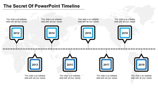 Timeline slide showing key years from 2012 to 2019 on a dotted line, with square markers for each year and caption areas.