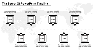Timeline infographic with square markers for years 2012-2019, outlined in black and red placed in a white background. 