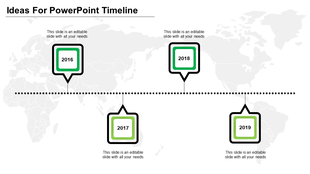 Timeline PPT slide from 2016 to 2019 with green square icons for each year, connected by a dotted line over a map background.