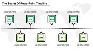 Timeline infographic with square markers for years 2012-2019, outlined in black and green in a dotted path.
