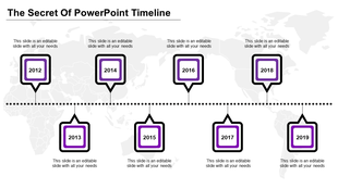 Timeline slide with year labels from 2012 to 2019, marked by purple bordered boxes connected by dotted lines on a world map.