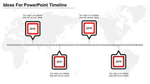 Timeline infographic featuring four square pointers with bold black outlines and red details, set on a world map backdrop.