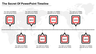 Timeline PPT slide with year labels from 2012 to 2019, connected by a dotted line and a world map background.