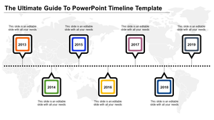Timeline PPT slide showing years from 2013 to 2019, with colored boxes for each year connected by dotted lines.