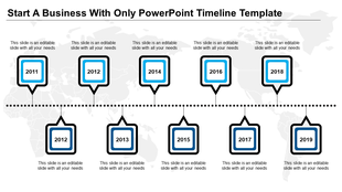 Timeline with ten black bordered square milestone markers in blue shades, placed along a dotted horizontal path.