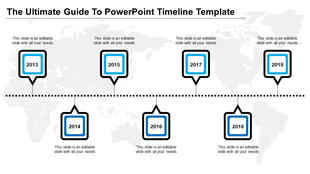 Timeline PowerPoint slide with years 2013 to 2019, each represented by blue boxes and dotted lines on a world map background.