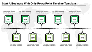Horizontal green timeline with square markers from 2011-2019, linked by a dotted line, over a subtle world map design.