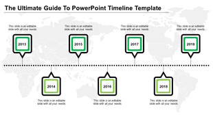 Timeline slide marking seven milestones from 2013 to 2019, each represented by a square marker in black and green.