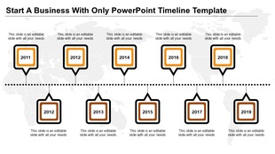 Timeline PPT slide showing years from 2011 to 2019, with orange boxes connected by a dotted line, with a global map behind.