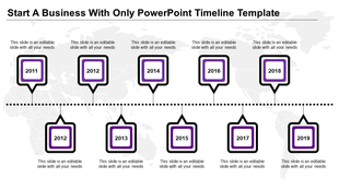 Business timeline featuring alternating square milestones from 2011-2019, with black and purple borders.