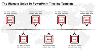 Structured timeline diagram displaying square year markers from 2013-2019, with black and red borders.