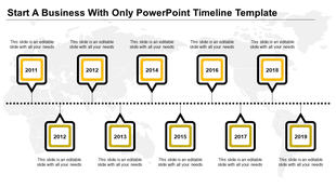 Timeline PPT slide showing years from 2011 to 2019, with yellow boxes connected by a dotted line, with a global map behind.
