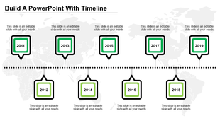 Timeline PPT template from 2011 to 2019, with green text boxes connected by a dotted line, overlaid on a world map.