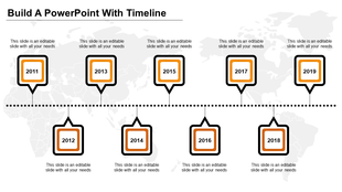 Horizontal timeline with alternating square milestones from 2011-2019, all outlined in orange and black with caption areas.