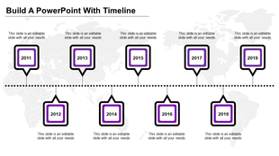 Timeline with nine square shaped purple milestone markers, placed along a dotted horizontal path over a world map.