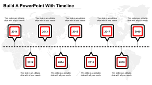 Timeline infographic with nine black and red square labels for years, aligned to a dotted line on a map backdrop.