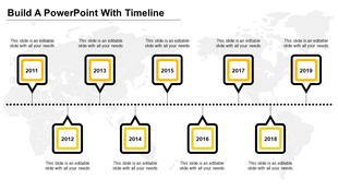 Horizontal timeline with alternating square milestones from 2011-2019, all outlined in yellow and black with caption areas.