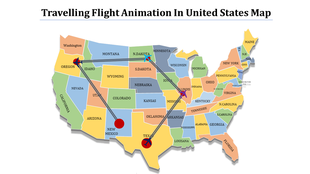 Colorful map of the united states illustrating a flight animation route, highlighting states with connecting lines.