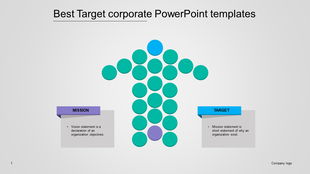 Abstract human figure composed of circular nodes, illustrating corporate objectives, with sections for mission and target.