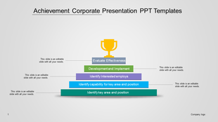 Corporate achievement pyramid with stacked colored bars labeled with different stages, culminating in a golden trophy.