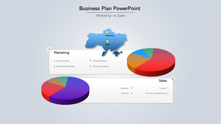Business plan slide comparing marketing and sales with two 3D pie charts, labeled sections, and a blue map with markers.