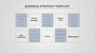 Business strategy template using a hierarchical chart with bold black text for main categories and blue shaded boxes.
