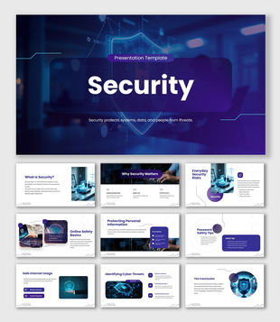 The security presentation with shield graphics, online safety tips, and cyber risk prevention visuals.