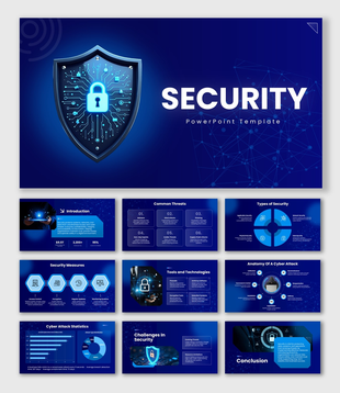 security slides, blue theme, shield lock icon, network lines, shapes, icons, and clean structured text boxes layout.
