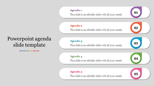 Agenda slide template with five tabs, each featuring a colored number badge, bold agenda title, and description text.