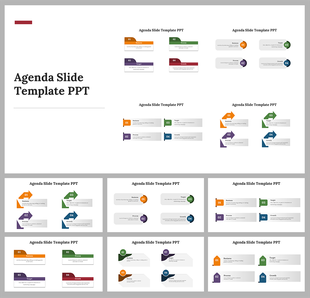 Minimalist agenda slide layouts displaying different formats with points, colored highlights, and text placeholders.