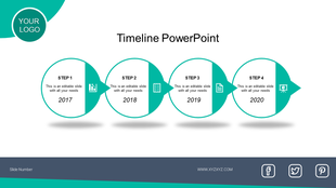 Minimalist timeline design with four connected circular milestones, each labeled with a year, step number, and relevant icon.