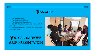 Teamwork slide with a blue background, an office meeting image, and a list of presentation improvement strategies.