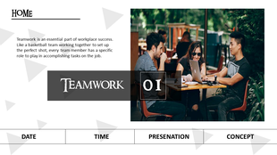 Teamwork slide with a bold header, descriptive text, and a photo of team members in a casual outdoor setting.