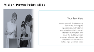 Vision slide with a faded grayscale image of three professionals collaborating on a laptop, with placeholder text areas.