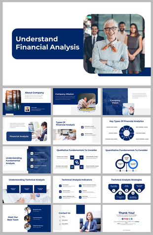 Financial slide deck with a navy blue theme, featuring sections on company mission, analysis types, and team profiles.