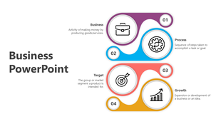 A business PowerPoint slide illustrating key concepts of business, process, target, and growth with accompanying icons.