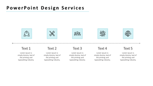 Infographic layout for PowerPoint design services, with five icons representing different aspects above text sections.