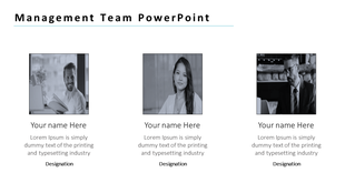 Management team slide with three black and white portraits aligned horizontally, each with placeholders for names and roles.