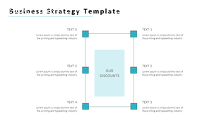 Business strategy template with a central box surrounded by six text areas for strategic details.