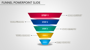 Funnel PPT slide showcasing five steps with gradient colors, from red at the top to blue at the bottom.